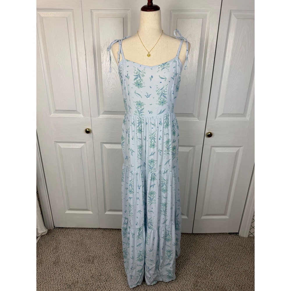 Ann Taylor Factory Floral Maxi Dress Blue Green Tie Strap Tiered M